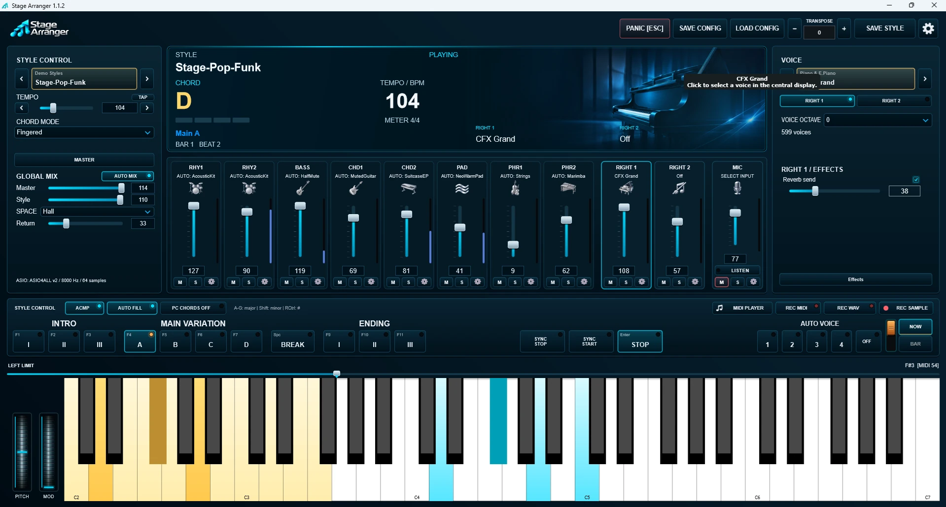 Stage Arranger main screen: style control, a D chord at 104 BPM, an eight-part accompaniment mixer, Intro, Main and Ending buttons and a split keyboard