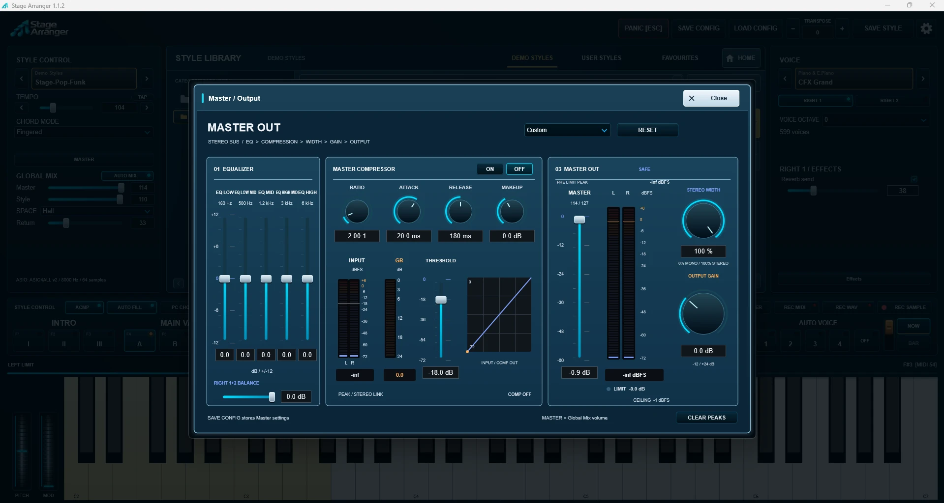 Master output with five-band equalizer, compressor, stereo width and output meters