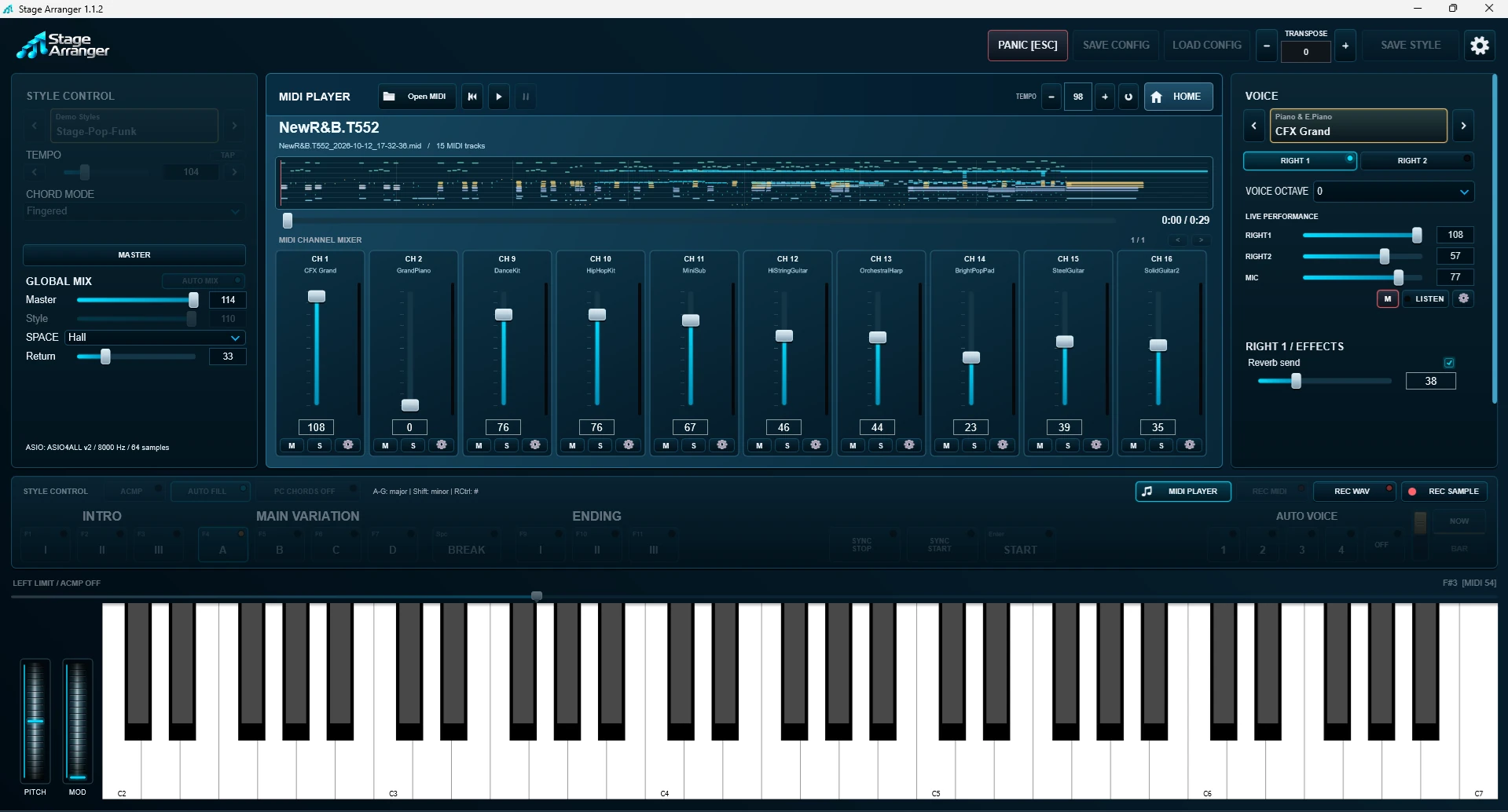 Built-in MIDI player with a song timeline and a channel mixer
